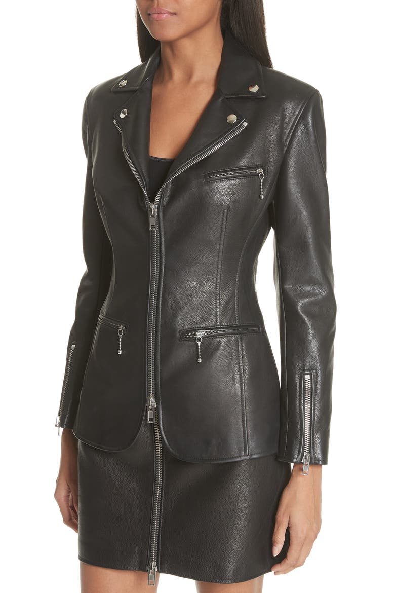 Zip Front Leather Blazer, Alternate, color, BLACK
