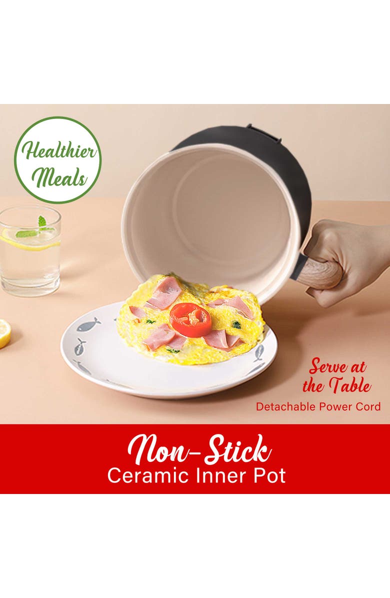 Brentwood Multi-Function Electric Hot Pot Cooker with Ceramic Non-Stick Ceramic Coating and Stainless-Steel Food Steamer, Alternate, color, Black