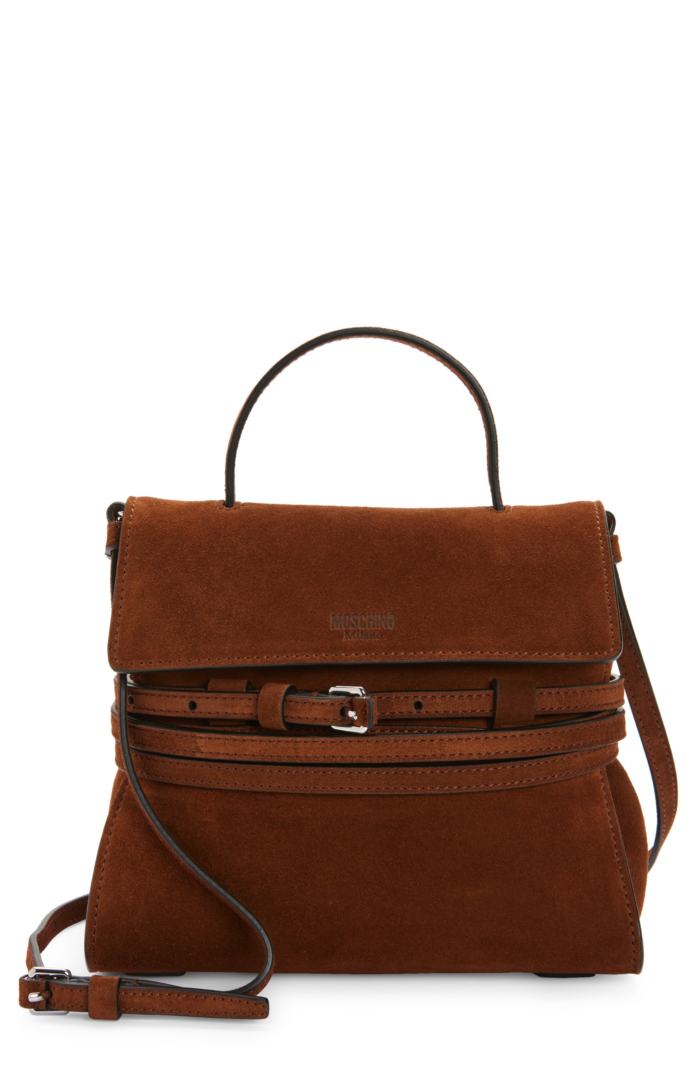 Moschino Tie Me Suede Handbag, Main, color, Brown
