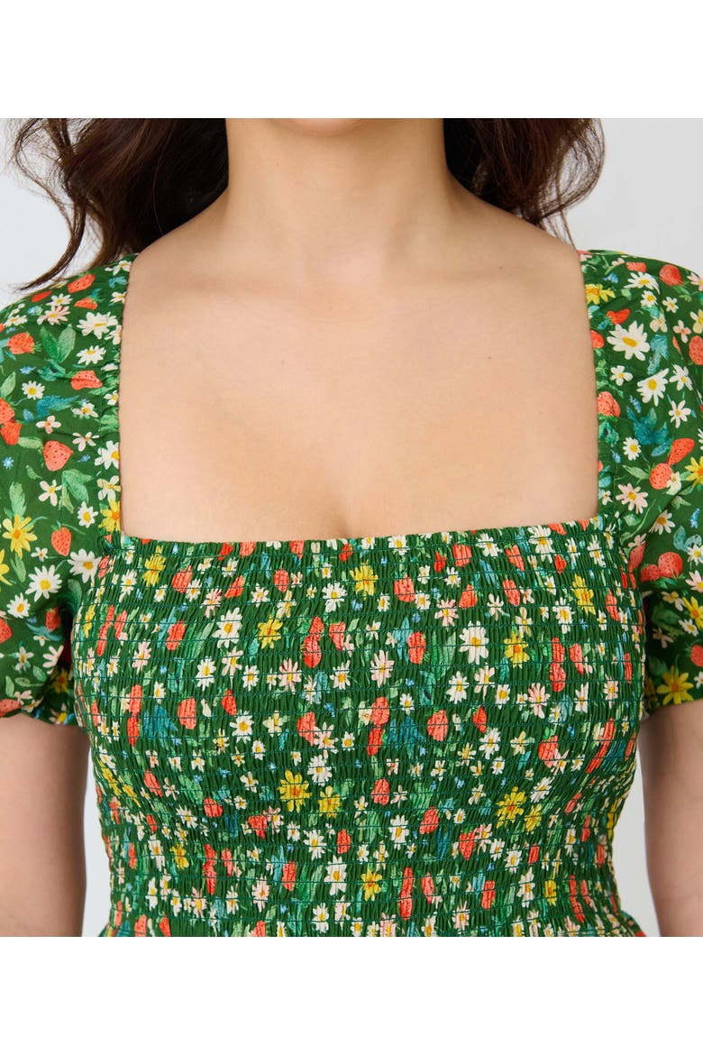 Smocked Bodice Midi Dress, Alternate, color, Green Strawberry Print