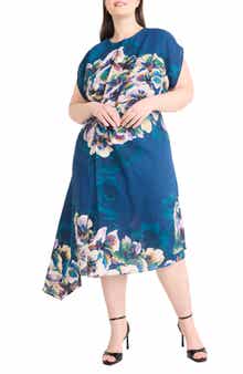 Maggy London Floral Short Sleeve Asymmetric Hem Midi Dress