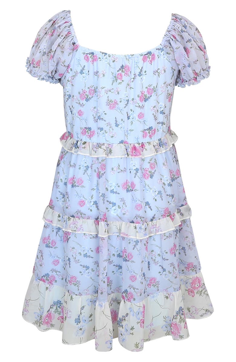Zunie Kids' Floral Ruffle Tiered Dress, Alternate, color, Blue Multi
