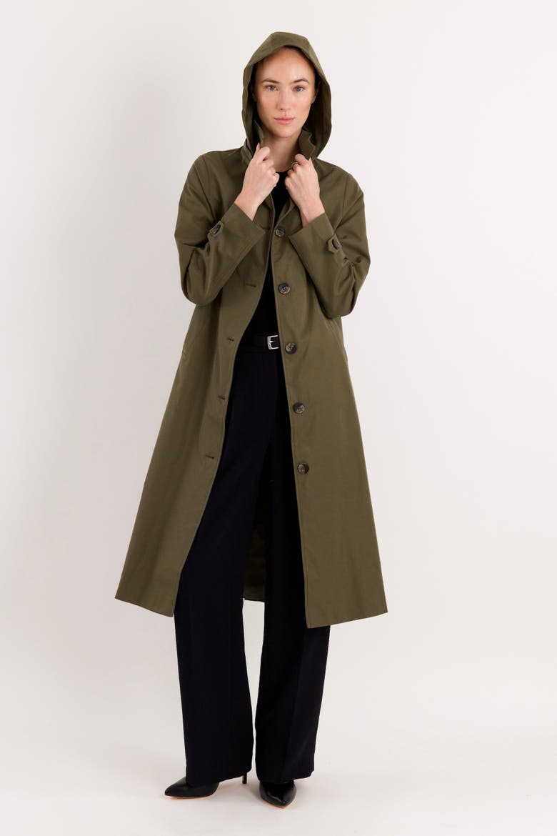 Long Single-Breasted Trench Coat with Detachable Hood, Alternate, color, Olive