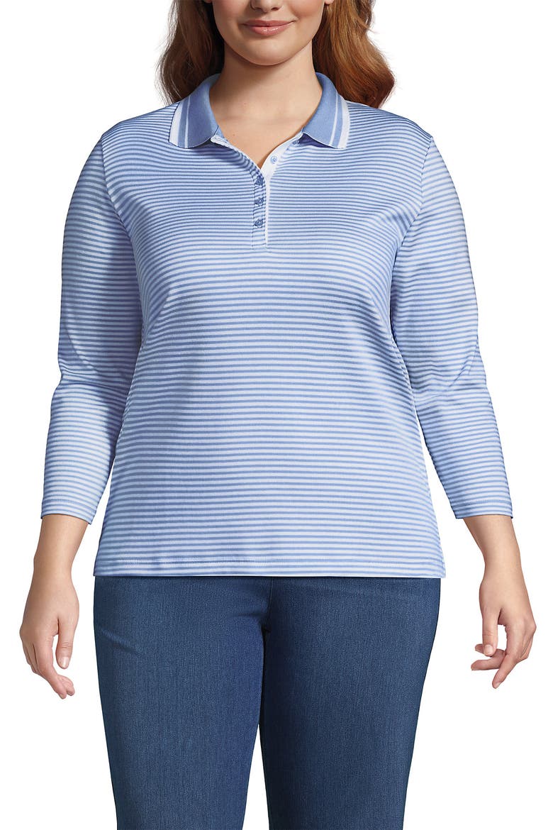 3/4 Sleeve Supima Cotton Polo Shirt, Main, color, Light Sea Blue Stripe/White
