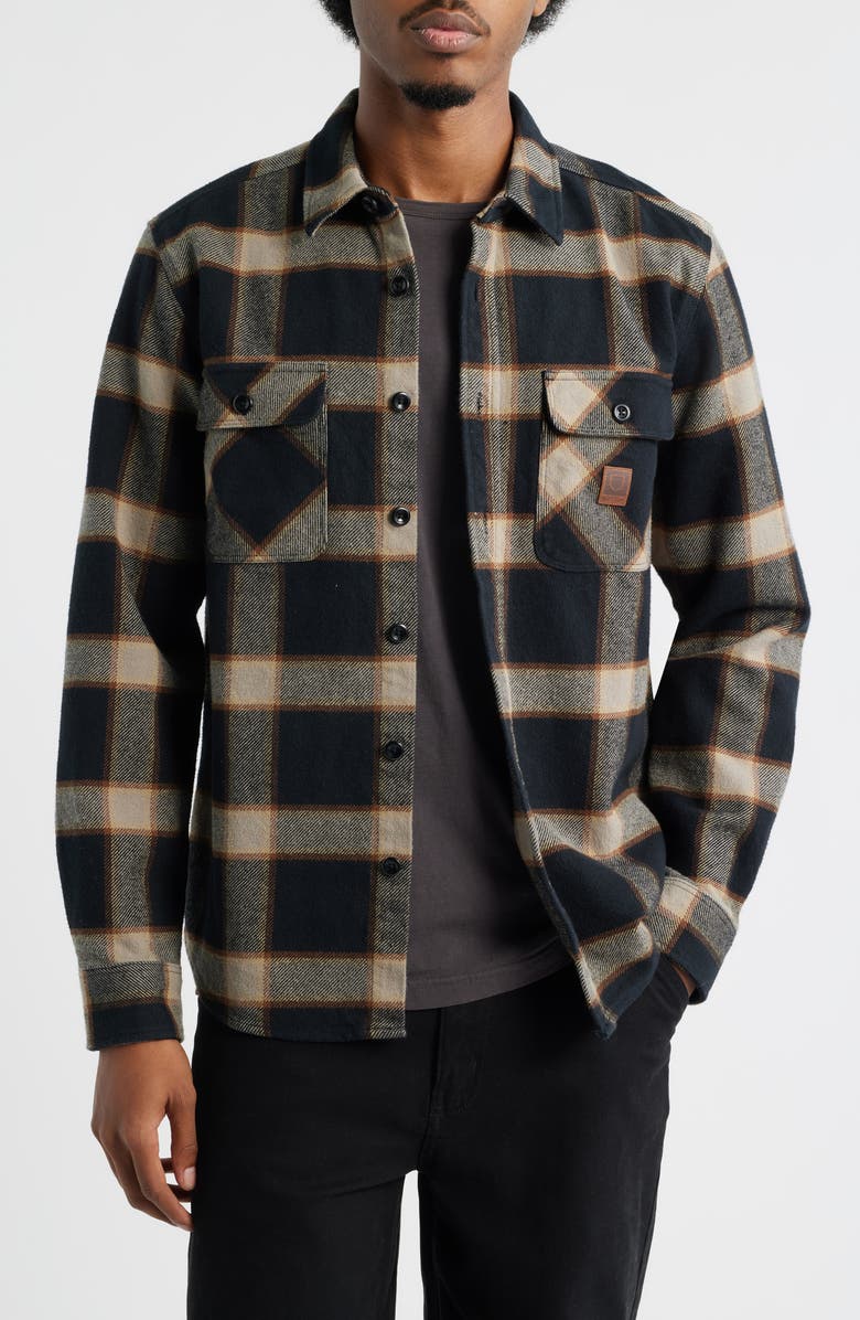 Brixton Bowery Standard Fit Plaid Heavyweight Cotton Flannel Button-Up Shirt, Main, color, Black/ Cream
