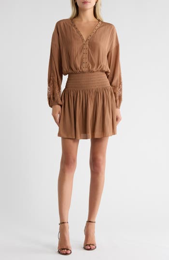 Ramy Brook Vaira Studded Long Sleeve Minidress In Brown
