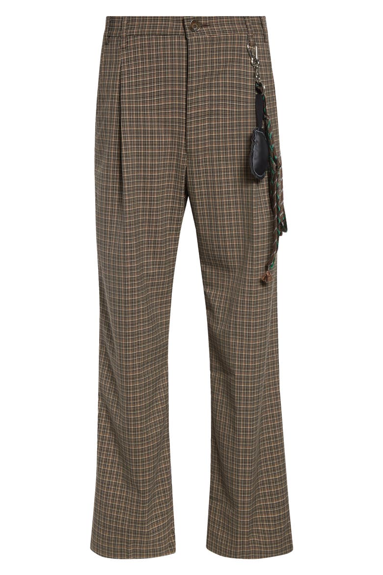 Plaid Pleated Lanyard Detail Pants, Alternate, color, BROWN