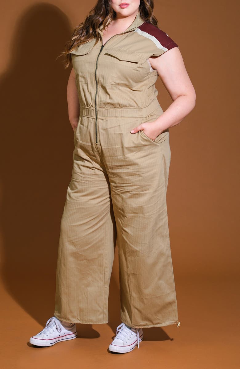 FLYING TOMATO Cap Sleeve Cotton Utility Jumpsuit, Alternate, color, Camel