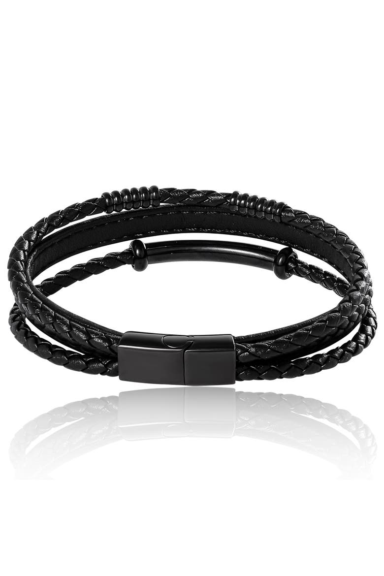 Stainless Steel Triple Row Black Cord Bracelet - 8.25", Alternate, color, Black