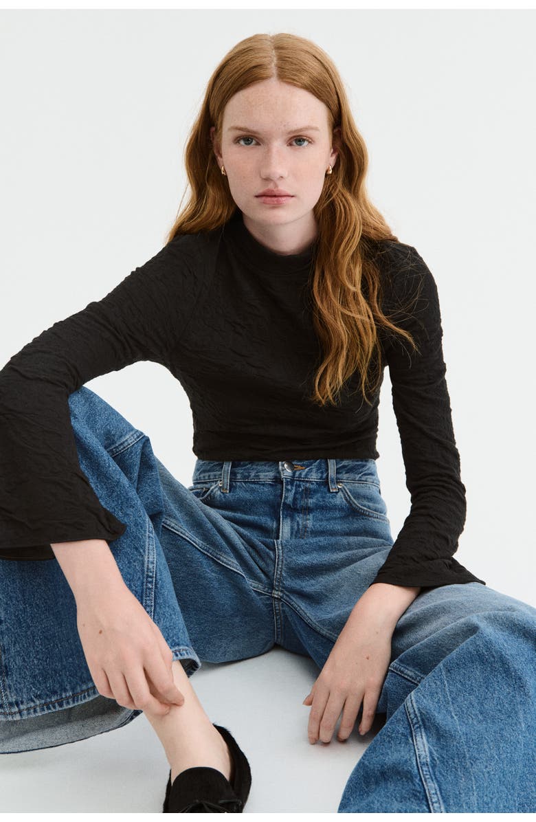 H&M Cut-out Jacquard Jersey Top, Alternate, color, Black