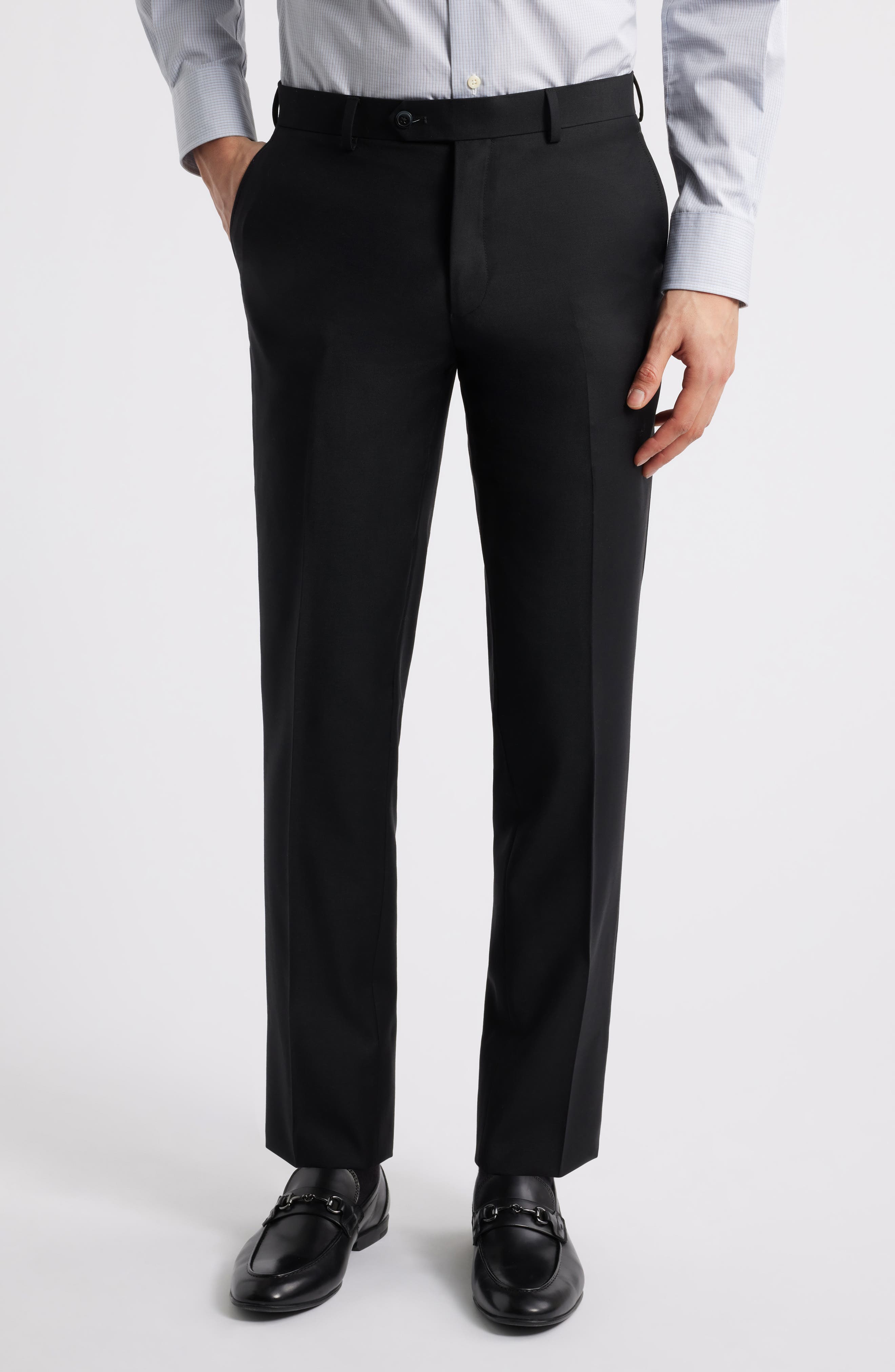 ZANETTI Slim Fit Flat Front Black Wool Dress Pants