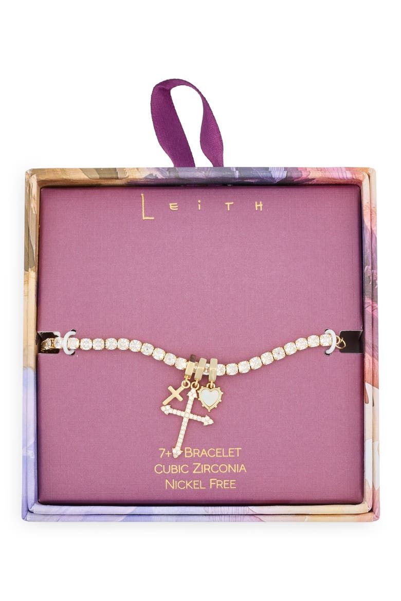 Cubic Zirconia Cross & Heart Charm Tennis Bracelet, Main, color, CLEAR- GOLD