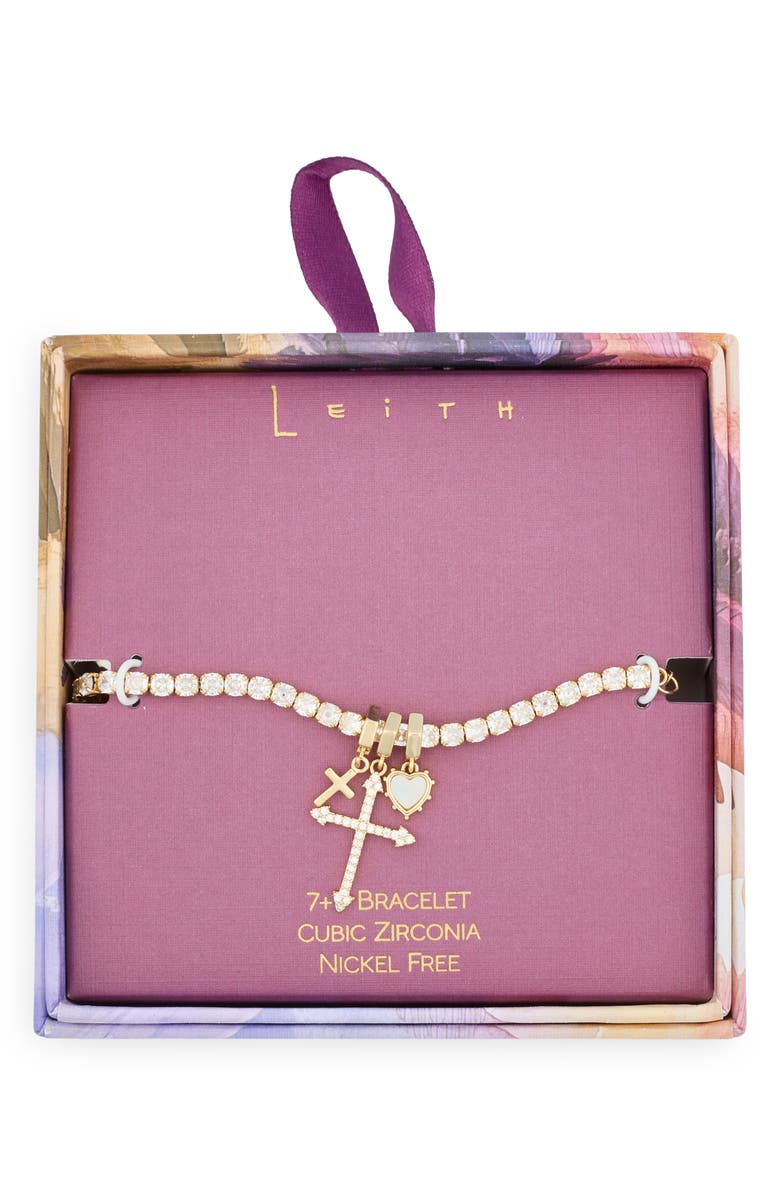 Leith Cubic Zirconia Cross & Heart Charm Tennis Bracelet, Main, color, Clear- Gold