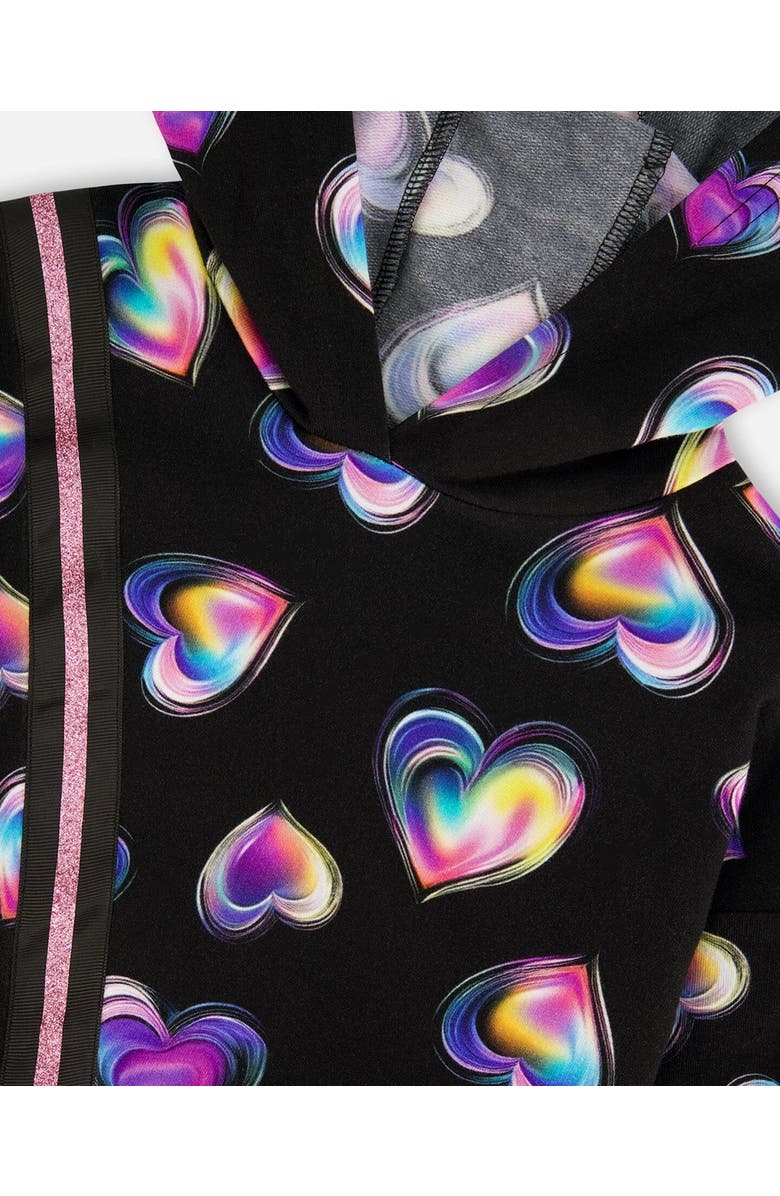 Deux par Deux Hooded Fleece Dress with Trompe-L’Œil Bag Detail, Alternate, color, Black And Multicolor