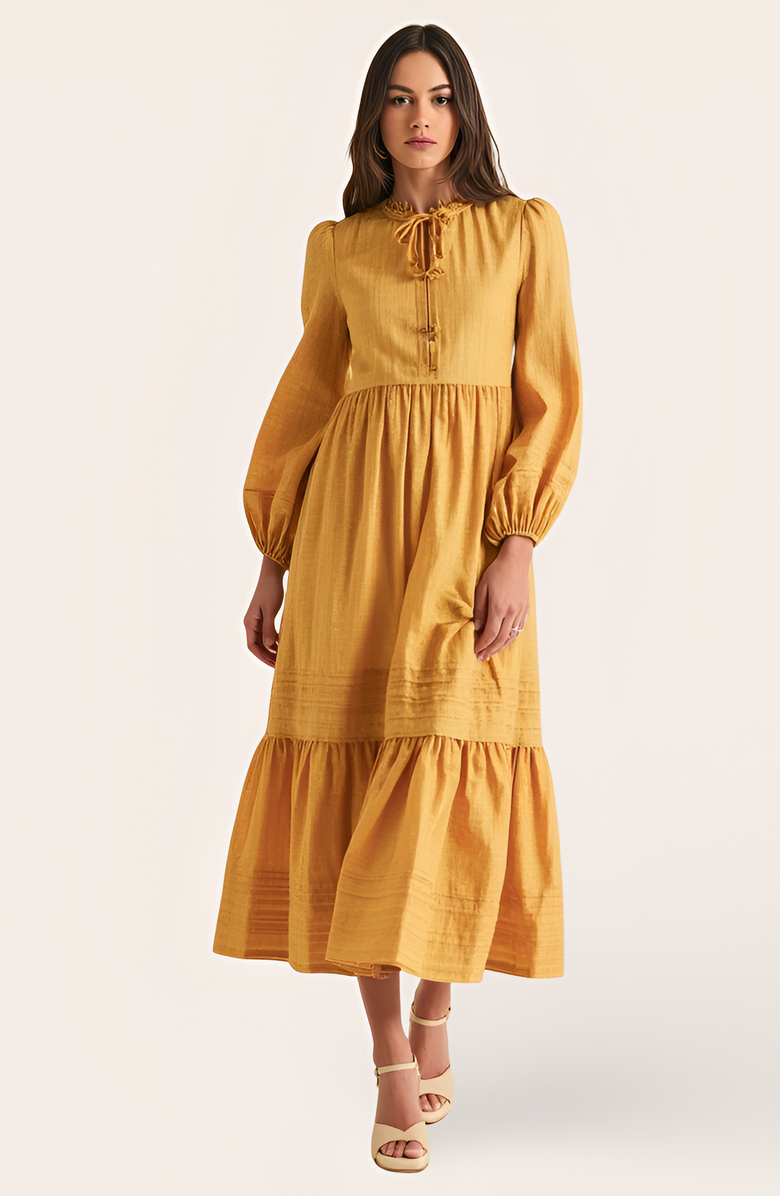 Modenaire Midi Shirred Neckline Tie Front Long Sleeve Tiered Hem Dress, Alternate, color, Mustard Yellow