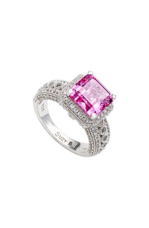 Suzy Levian Diamonds Sterling Silver Emerald Cut Pink & Pavé White Sapphire Ring In Pink