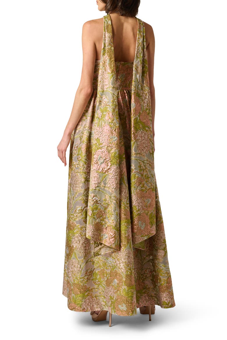 Metallic Floral Jacquard Halter Gown, Alternate, color, PINK MULTI