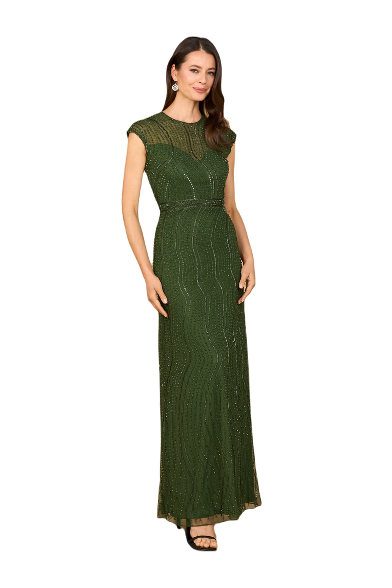 Cap Sleeve, Illusion Neck Beaded Gown, Main, color, Emerald