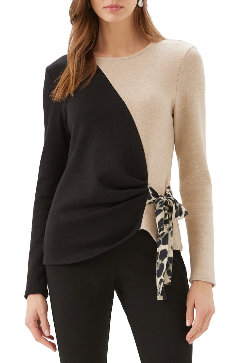 Colorblock Bow Satin Sweater, Main, color, BLACK/ LIGHT TAN