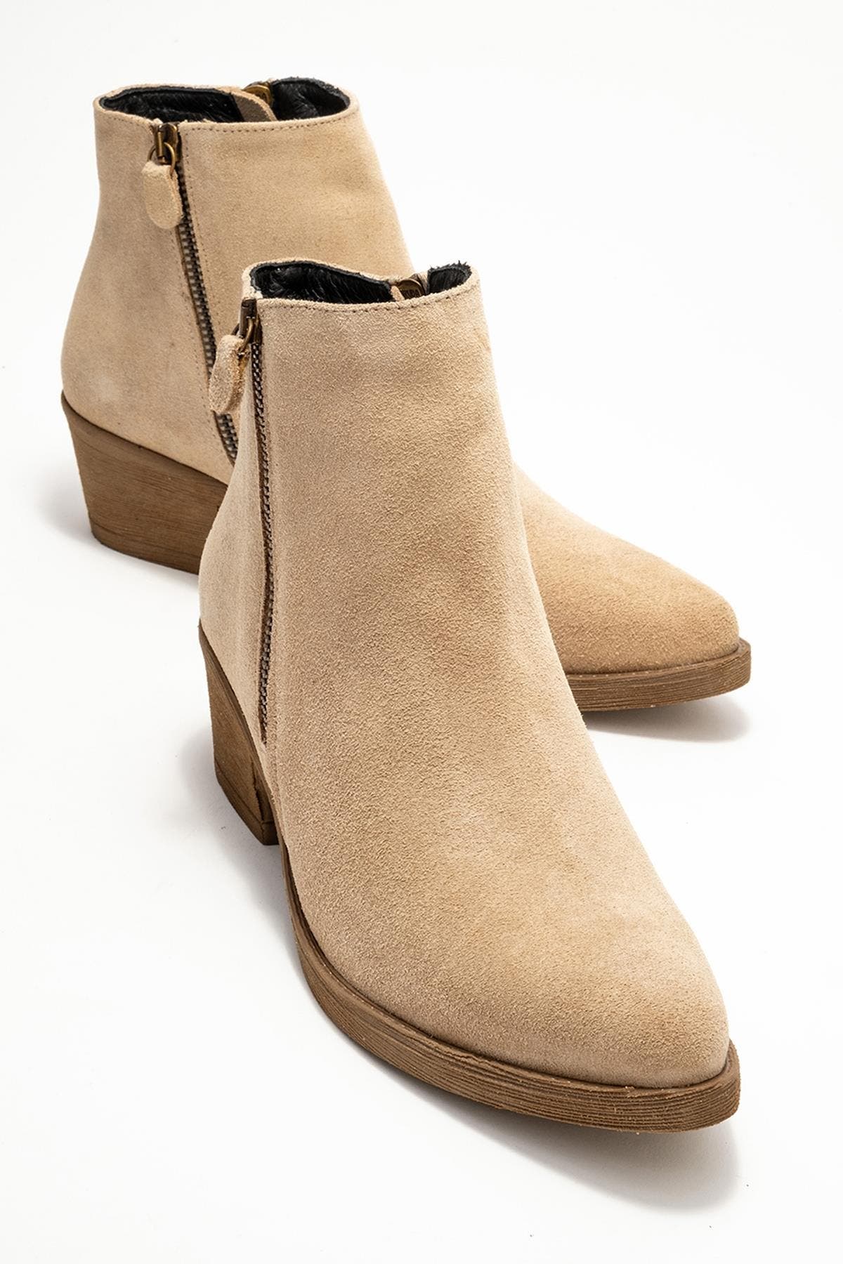 Jayer Leather Double-Zip Block Heel Boot, Main, color, Beige Suede Leather