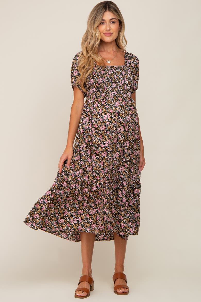 Floral Smocked Puff Sleeve Midi Dress, Main, color, Pink