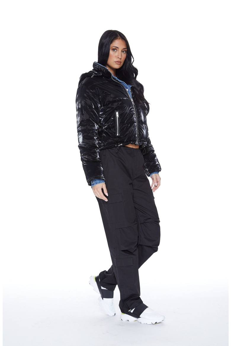In The Mix Denim Shiny Puffer Jacket, Alternate, color, Black / Denim
