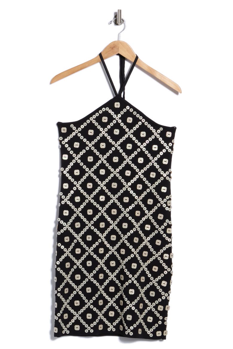 Melo Button Pattern Halter Minidress, Main, color, BLACK