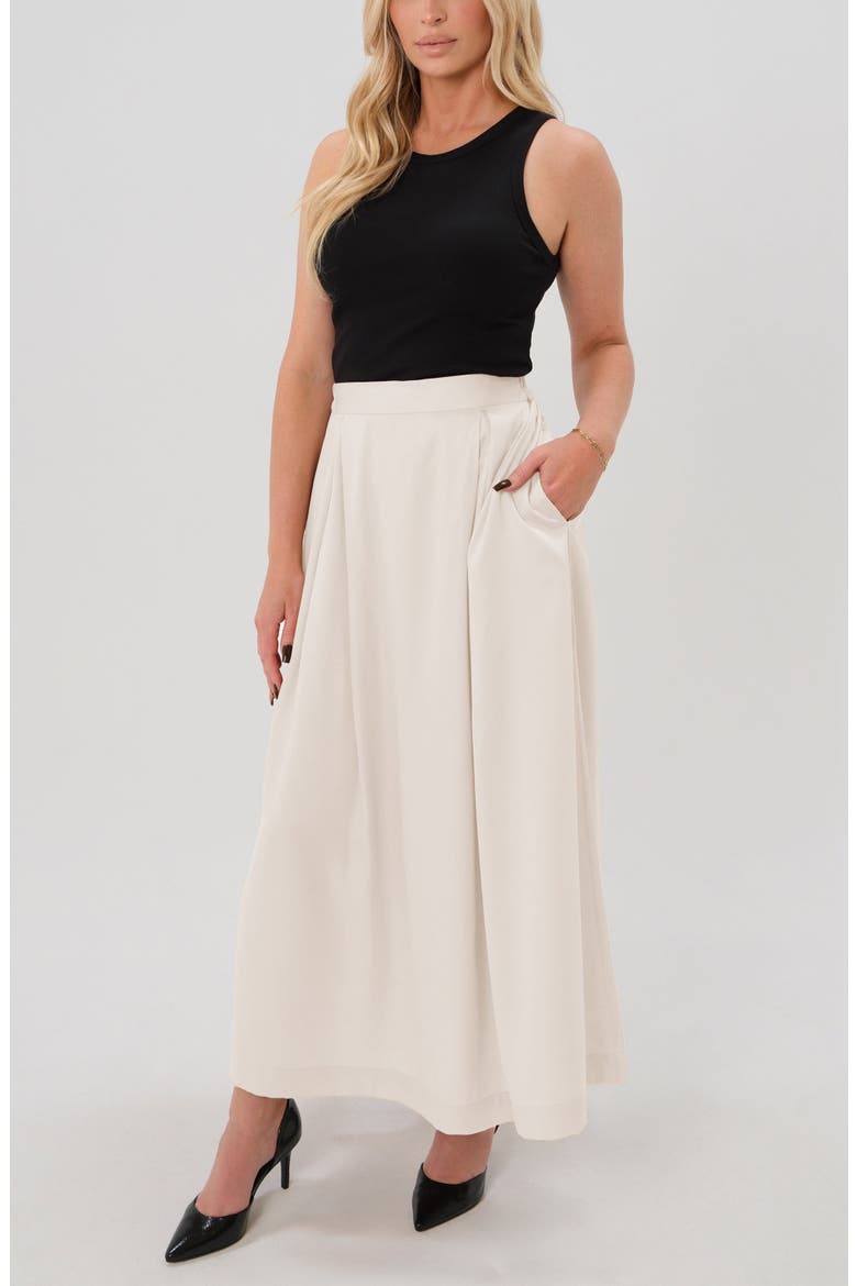 Women's Over-Under Bump Pleated Maternity Maxi Skirt in Cream Satin, Alternate, color, Cream