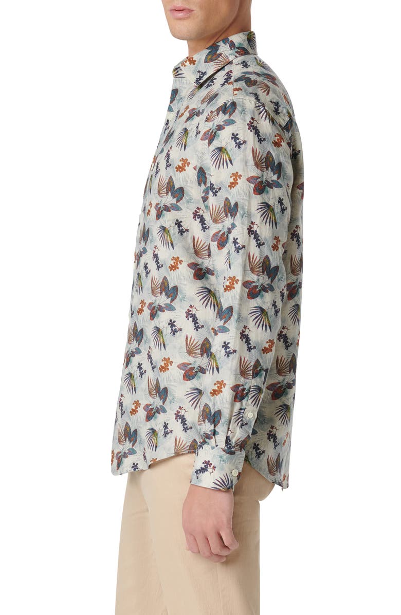 Bugatchi Julian Shaped Fit Frond Print Linen Button-Up Shirt, Alternate, color,