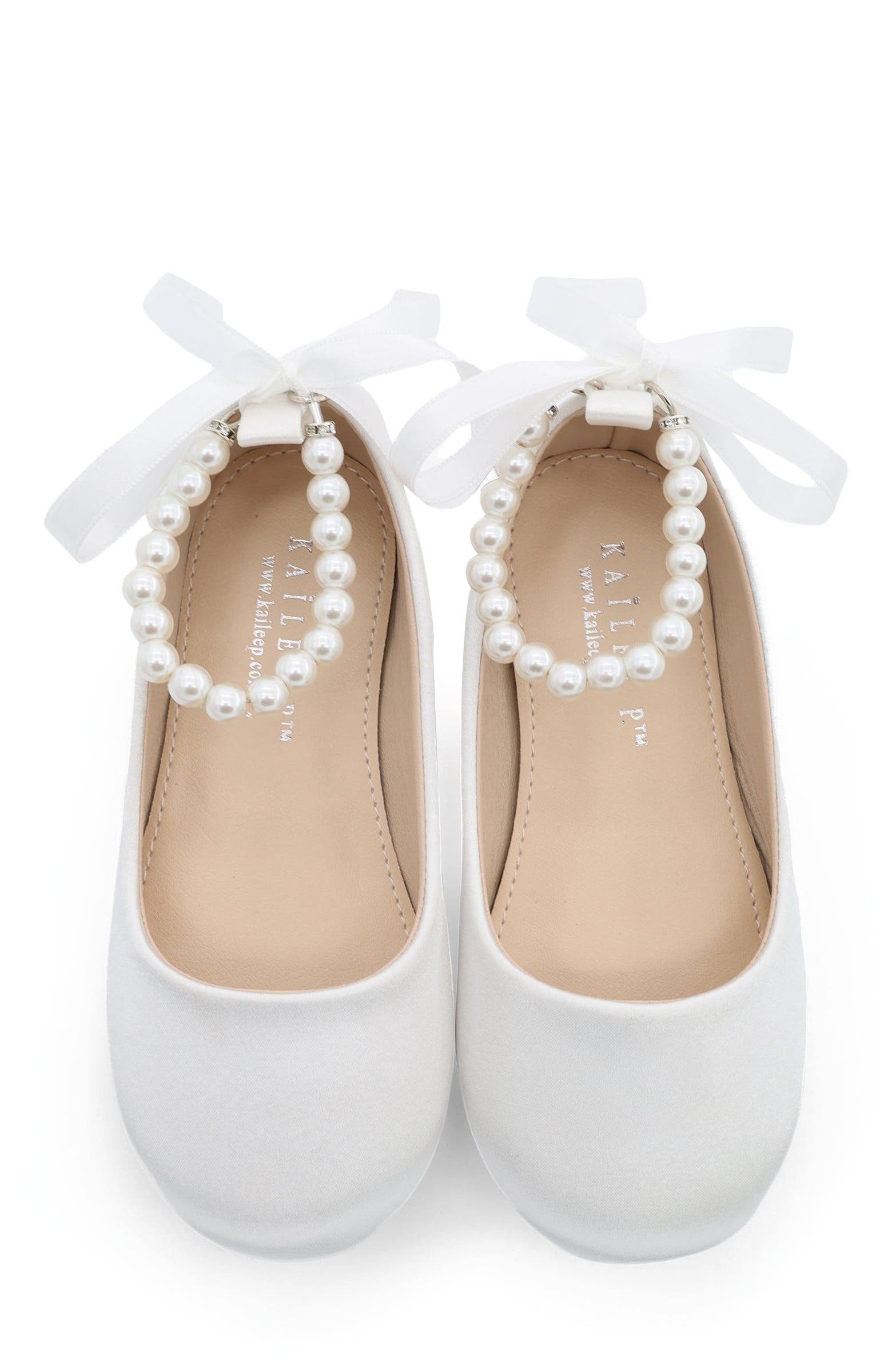 Kailee P Harper Satin Flower Girl Flats with All Pearls Ankle Strap, Alternate, color, White