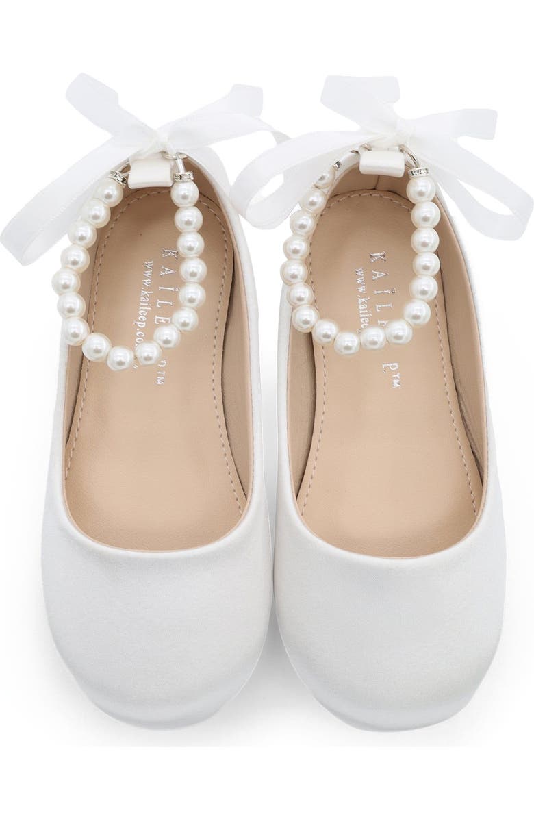 Kailee P Harper Satin Flower Girl Flats with All Pearls Ankle Strap, Alternate, color, White