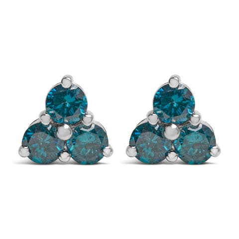 14KT White Gold Treated Blue Diamond Trio Stud Earrings (1 1/3 cttw, Blue)