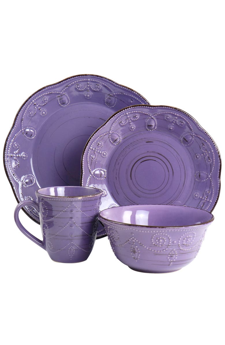 Elama Rustic Birch 16 Piece Stoneware Dinnerware Set, Alternate, color, Purple