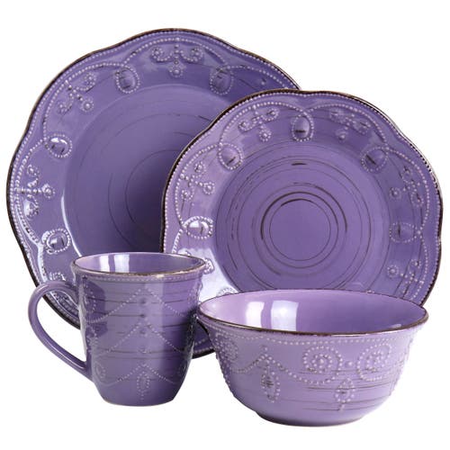 Elama Rustic Birch 16 Piece Stoneware Dinnerware Set In Purple