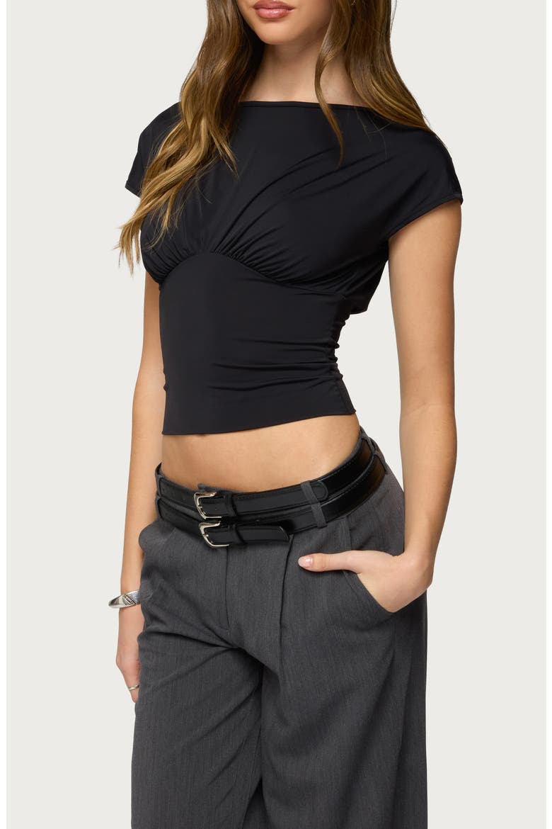 Leonah Ruched Boat Neck Crop Top, Alternate, color, BLACK