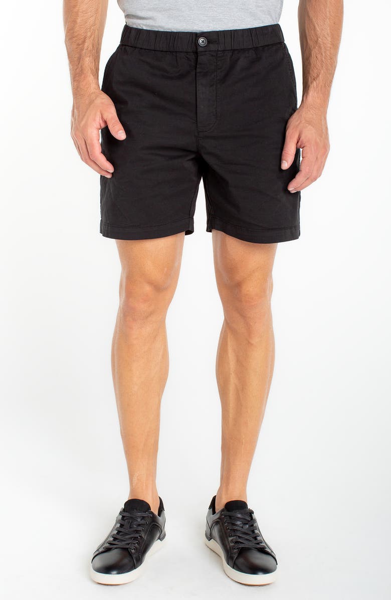 Liverpool Los Angeles Flat Front Cotton Button & Drawstring Shorts, Main, color, Black