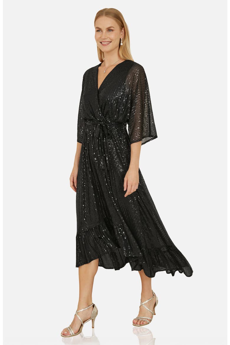 Sequin Midi Wrap Dress, Main, color, Black