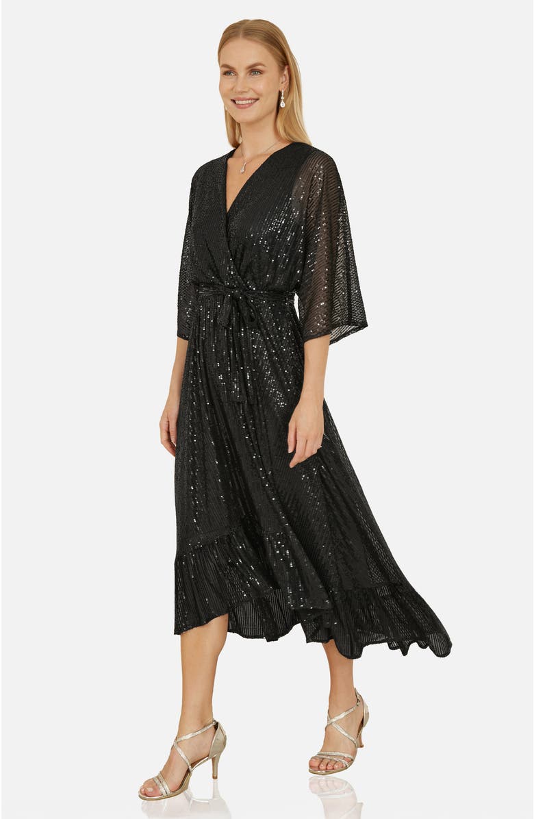 Yumi Sequin Kimono Midi Wrap Dress, Main, color, Black
