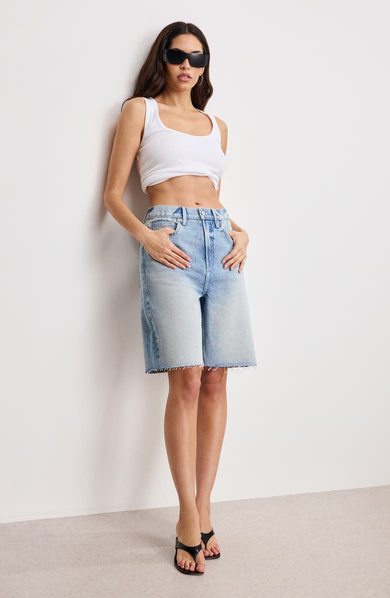 Good American Good Standard Raw Hem Denim Bermuda Shorts, Alternate, color, Indigo888