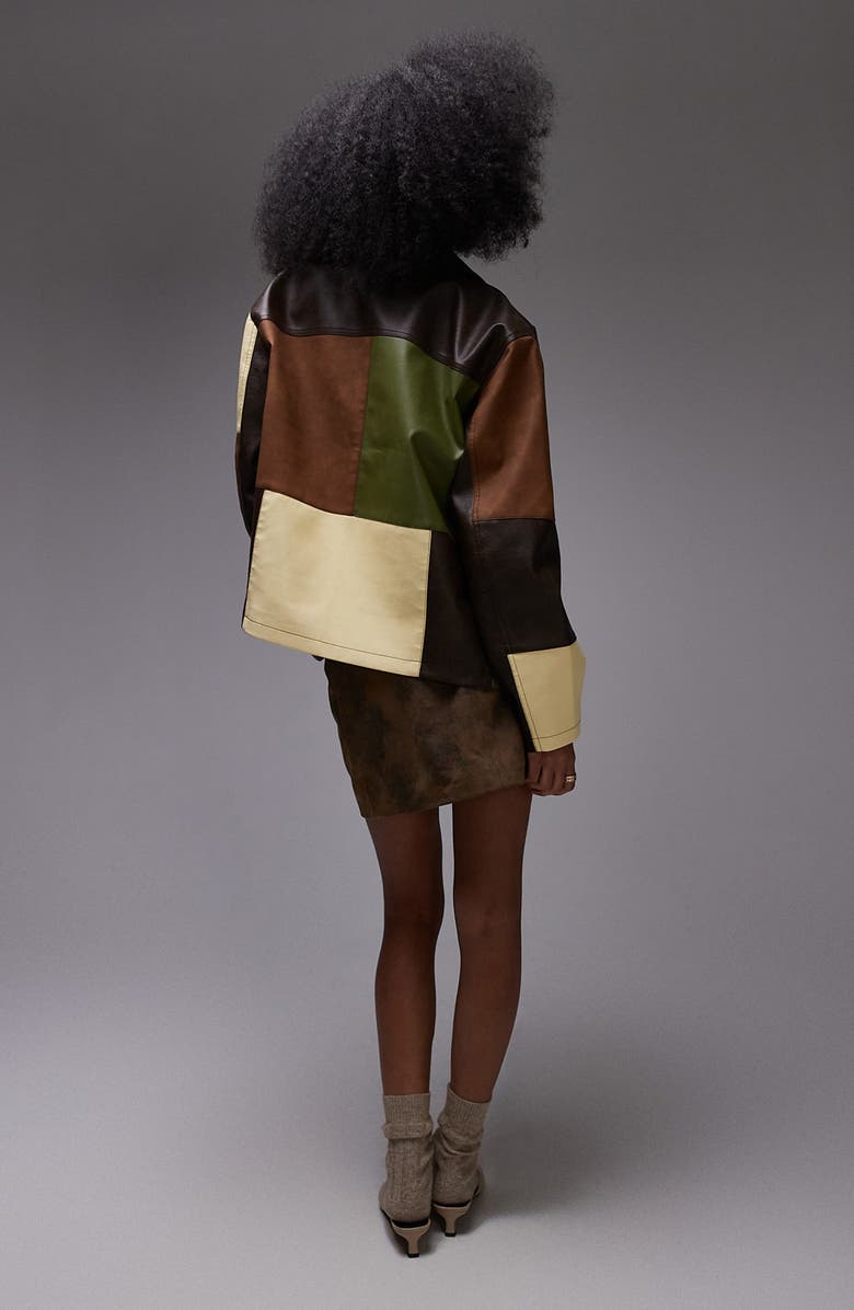 Topshop Colorblock Faux Leather Jacket, Alternate, color, Brown Multi