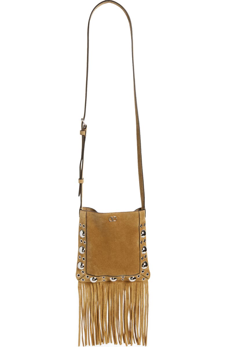 Valentino Garavani Small Nellcôte Fringed Studded Suede Crossbody Bag, Main, color, Beige