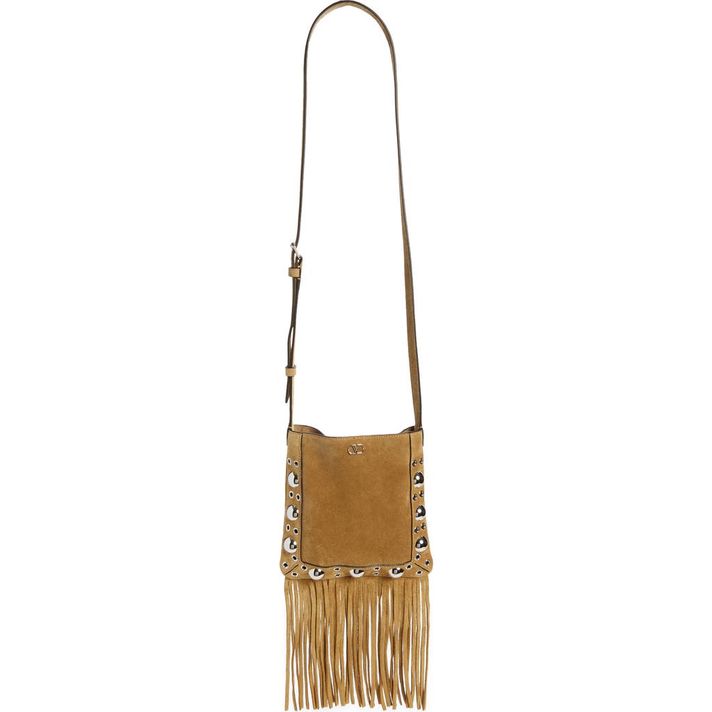 Valentino Garavani Small Nellcôte Fringed Studded Suede Crossbody Bag In Sand