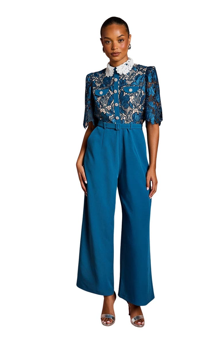 Coast Petite Lace Shirt Short Sleeve Jumpsuit, Main, color, Slate Blue