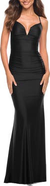 La Femme Stunning Luxe Jersey Dress with Deep V Neckline