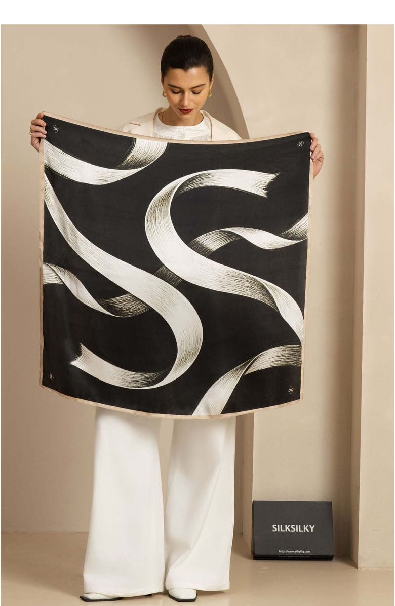 SILKSILKY Pure Silk White Ribbon Square Scarf, Alternate, color, Black