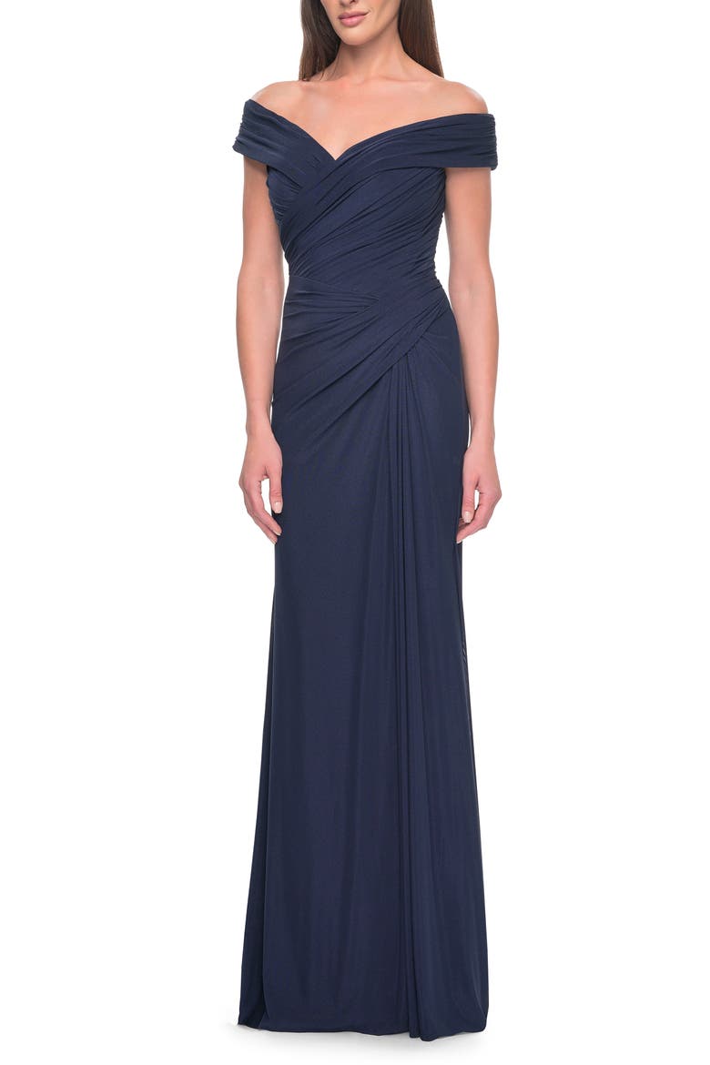 Off the Shoulder Jersey Evening Gown with Ruching, Alternate, color, Navy
