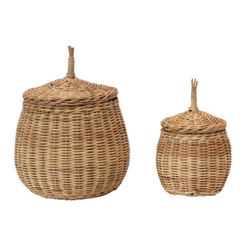 Hand-Woven Wicker Basket Storage with Lids, Natural, Set of 2