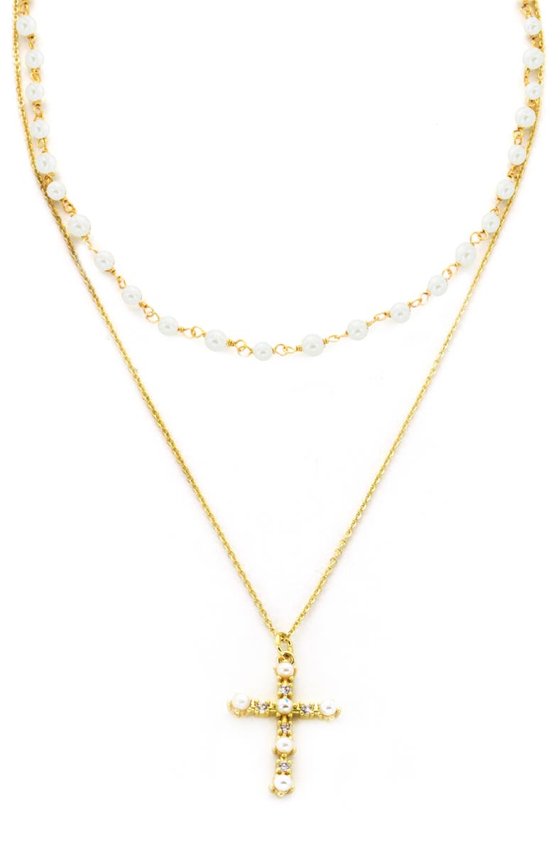 Panacea Faux Pearl & Crystal Cross Pendant Layered Necklace, Main, color, 