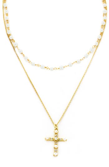 Panacea Faux Pearl & Crystal Cross Pendant Layered Necklace In White