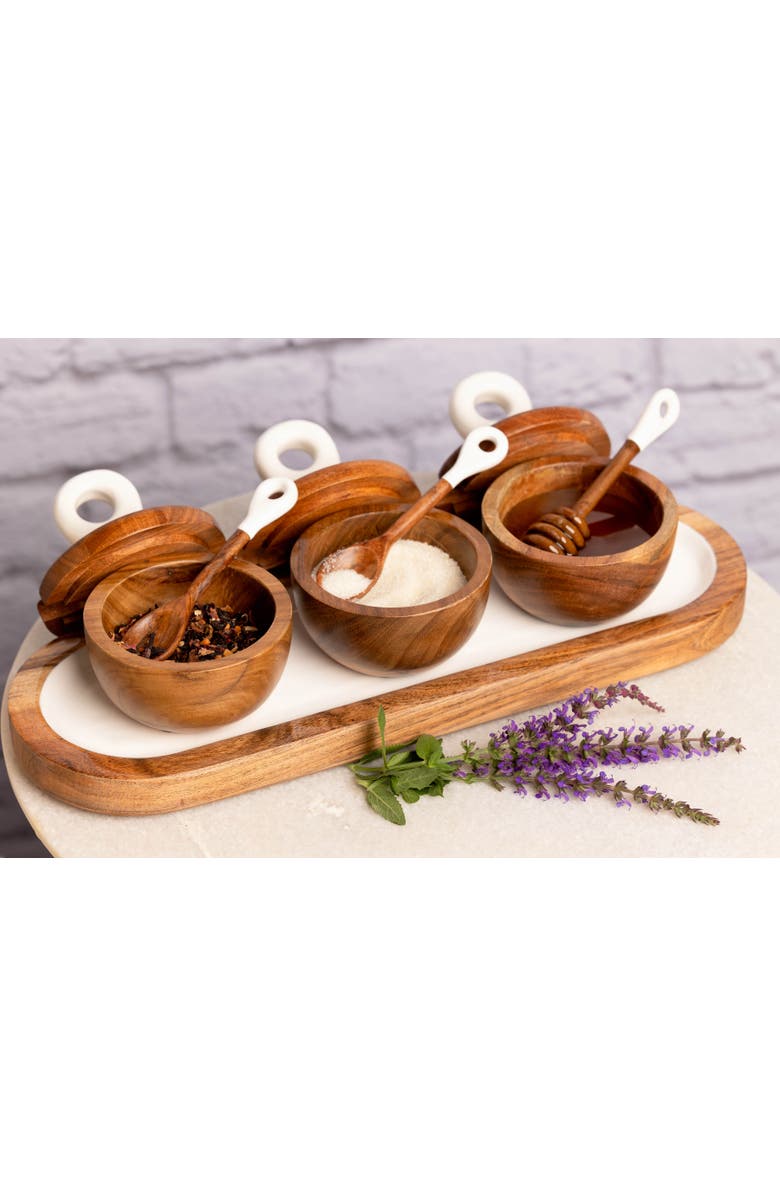 Jeanne Fitz Wood + White Collection Acacia Wood 3 Dipping Bowls with Charcuterie Utensils, Alternate, color, White, Brown
